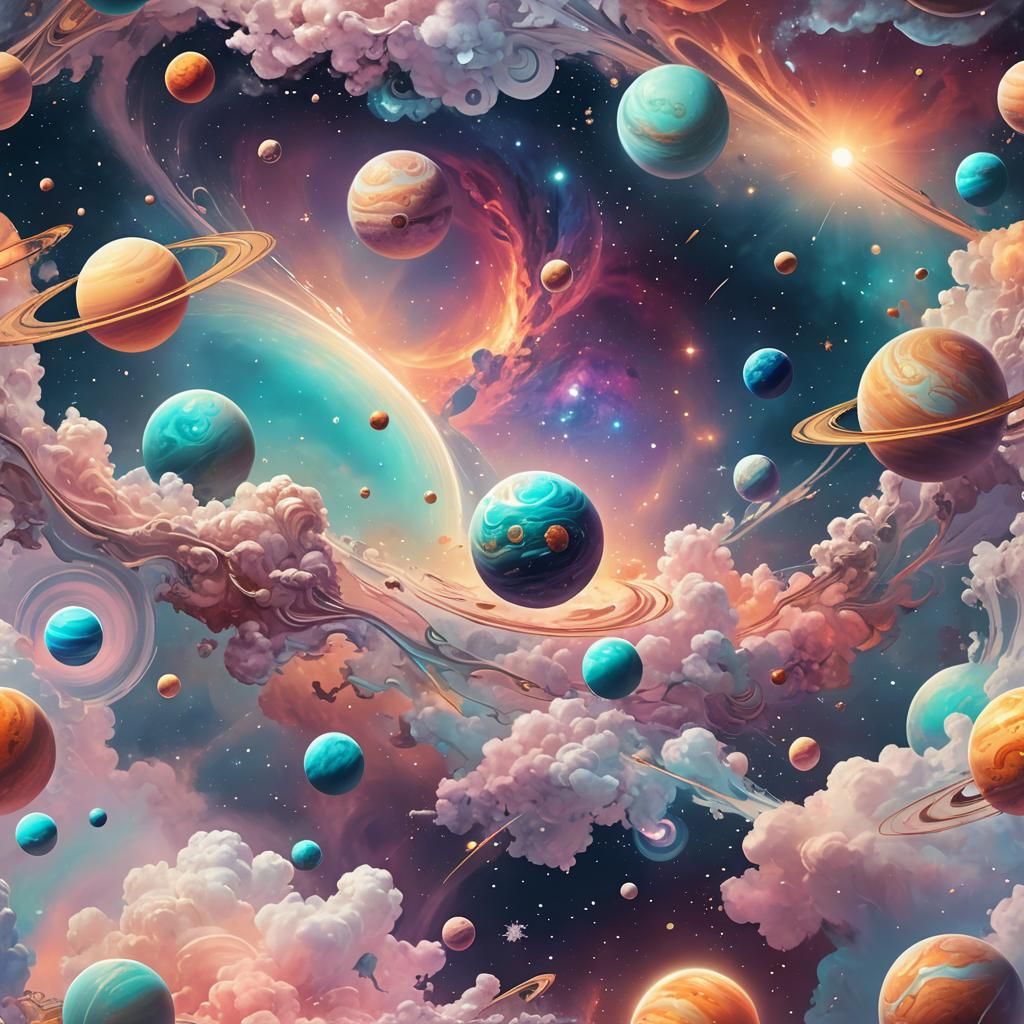 Dreamy Cosmic Landscape with Floating Planets: Digital Art
