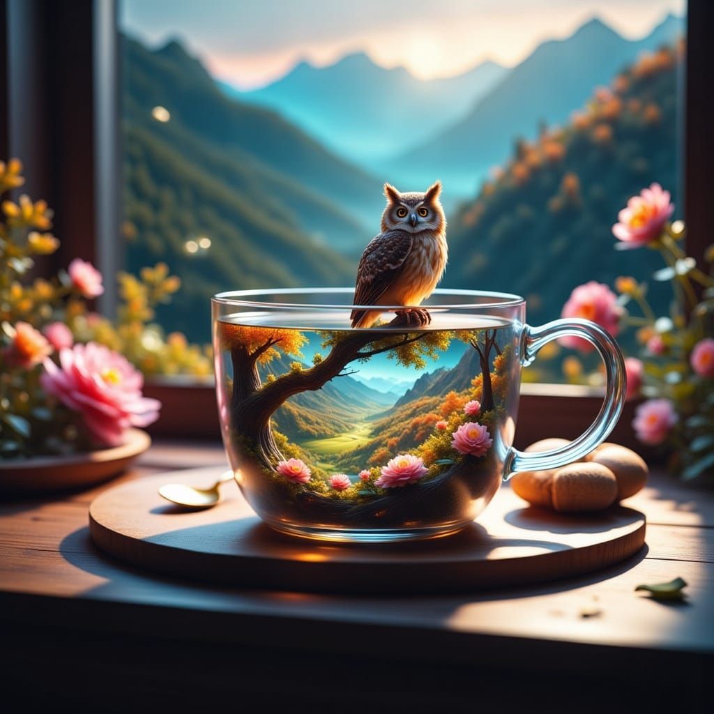 Ethereal Springtime Fantasy with Owl in Coffee Cup