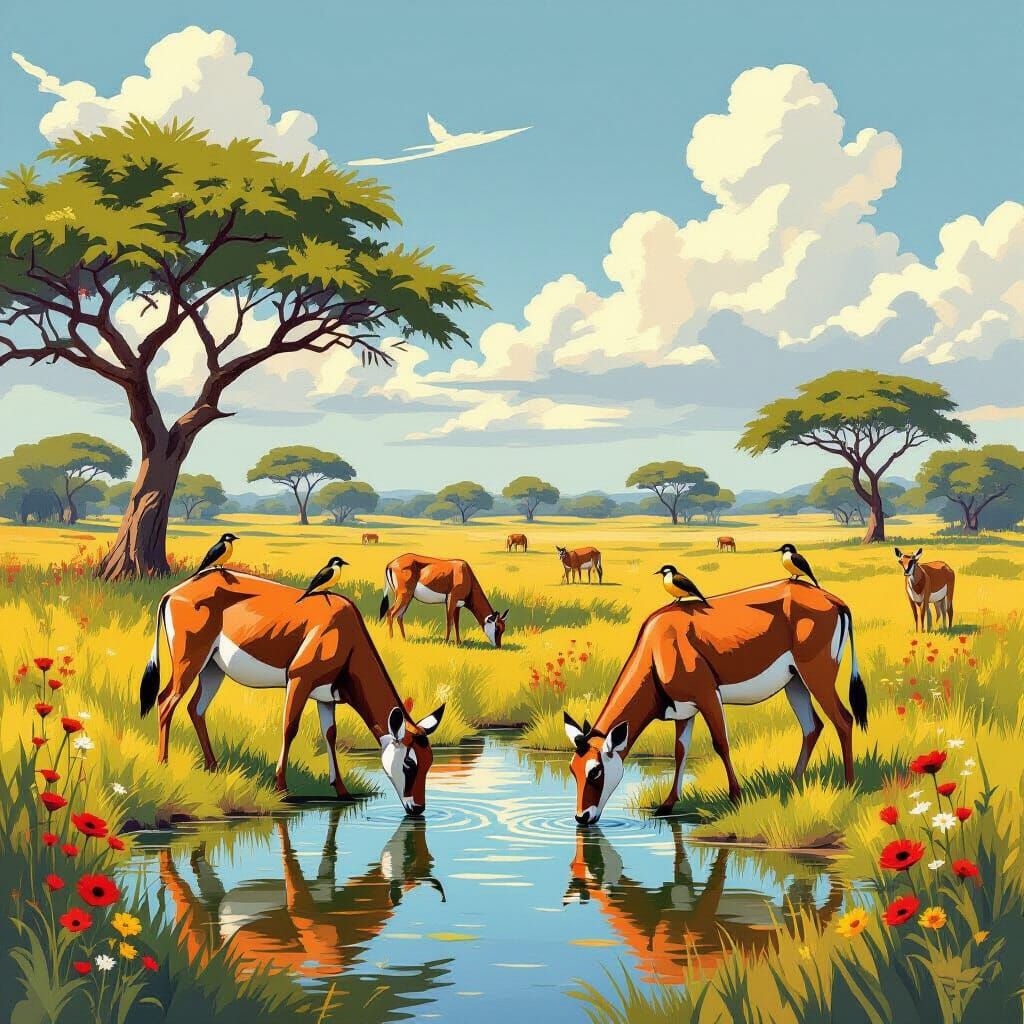 Impalas Grazing in African Savannah, Abstract Impressionist ...