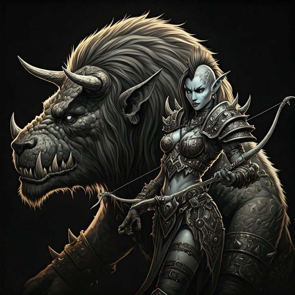 Ink Drawing of Female Troll Warrior with Bow and Tauren Comp...