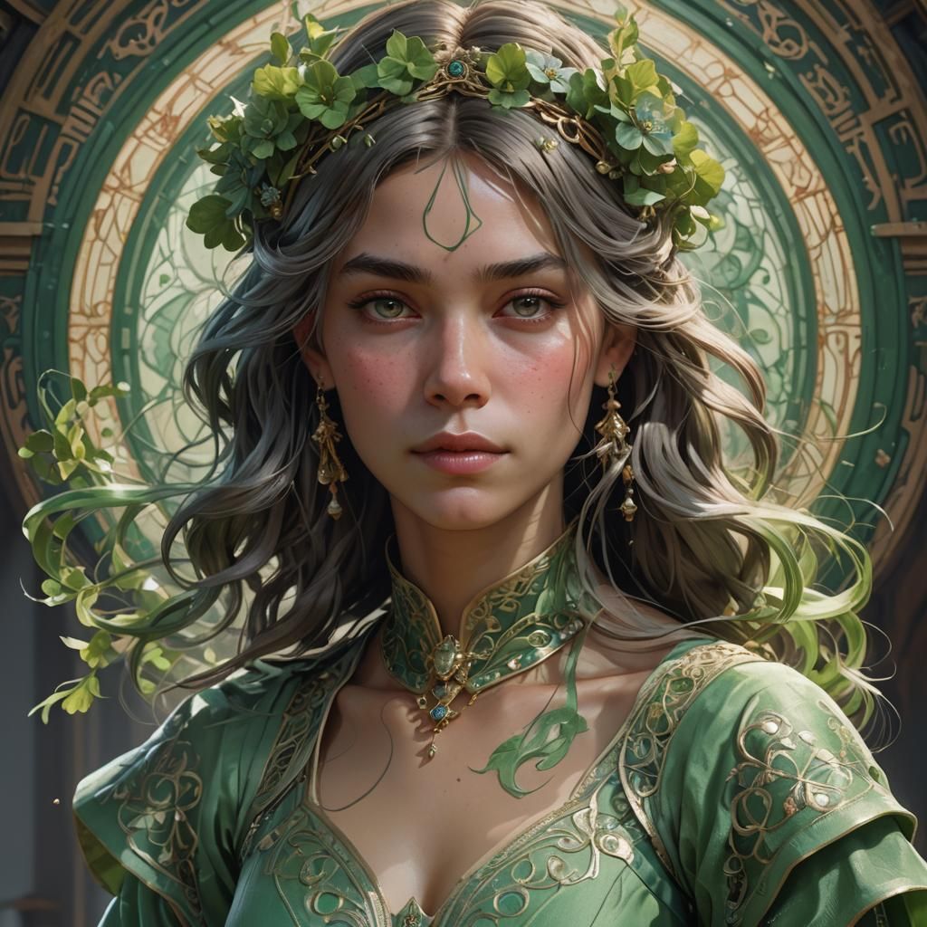 Queen in Pale Green Dress: Artgerm and Mucha Style