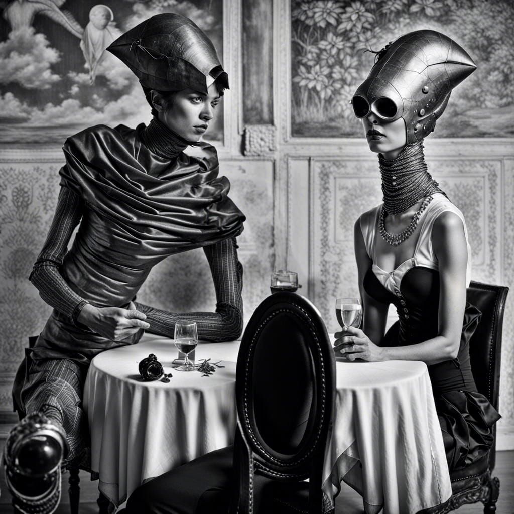 Surreal Restaurant Scene with Exotic Aliens