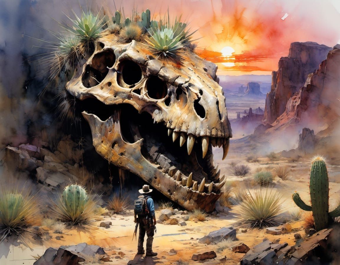 Watercolor Masterpiece: Archeologist Amidst a Giant T-Rex Sk...