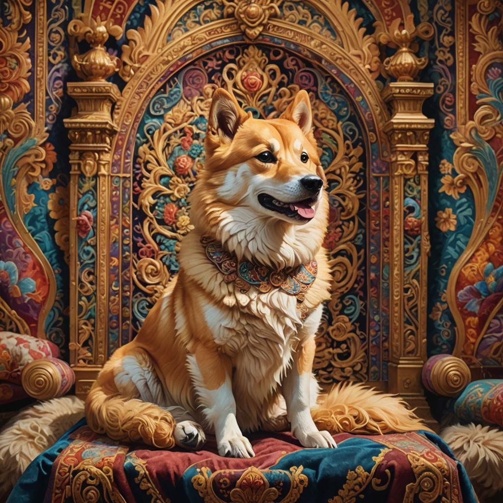 Majestic Doge on Ornate Throne in Hyperrealistic Splash Art