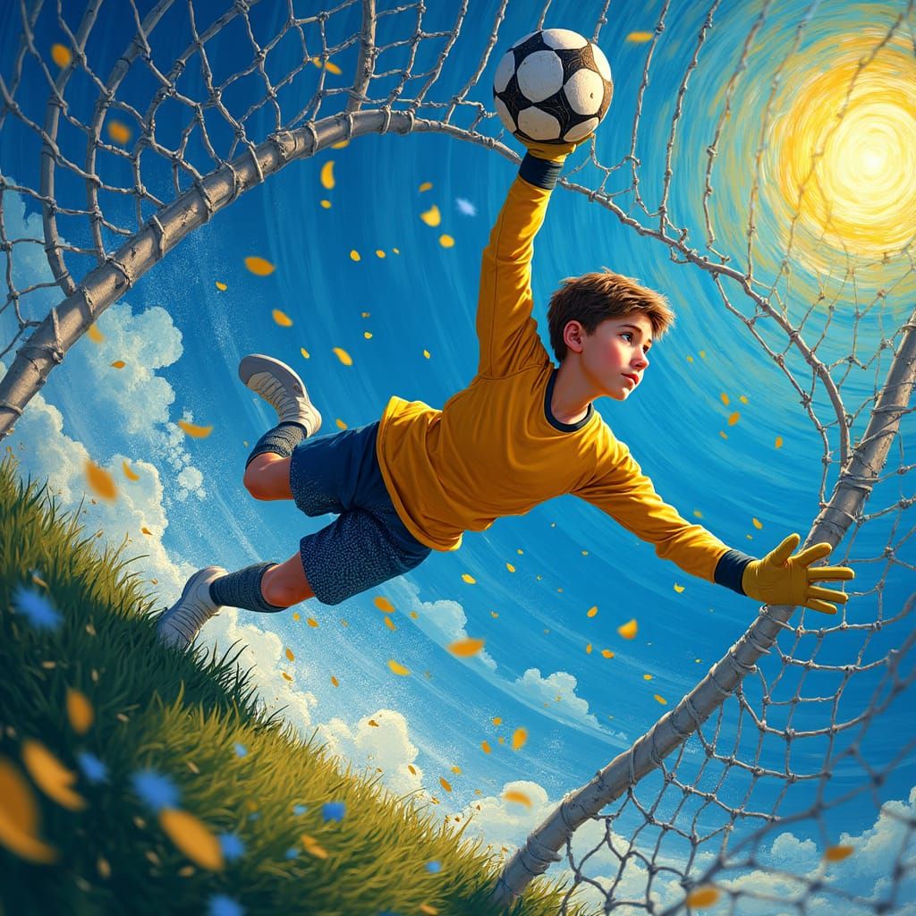 Goalkeeper's Epic Save in Van Gogh Style