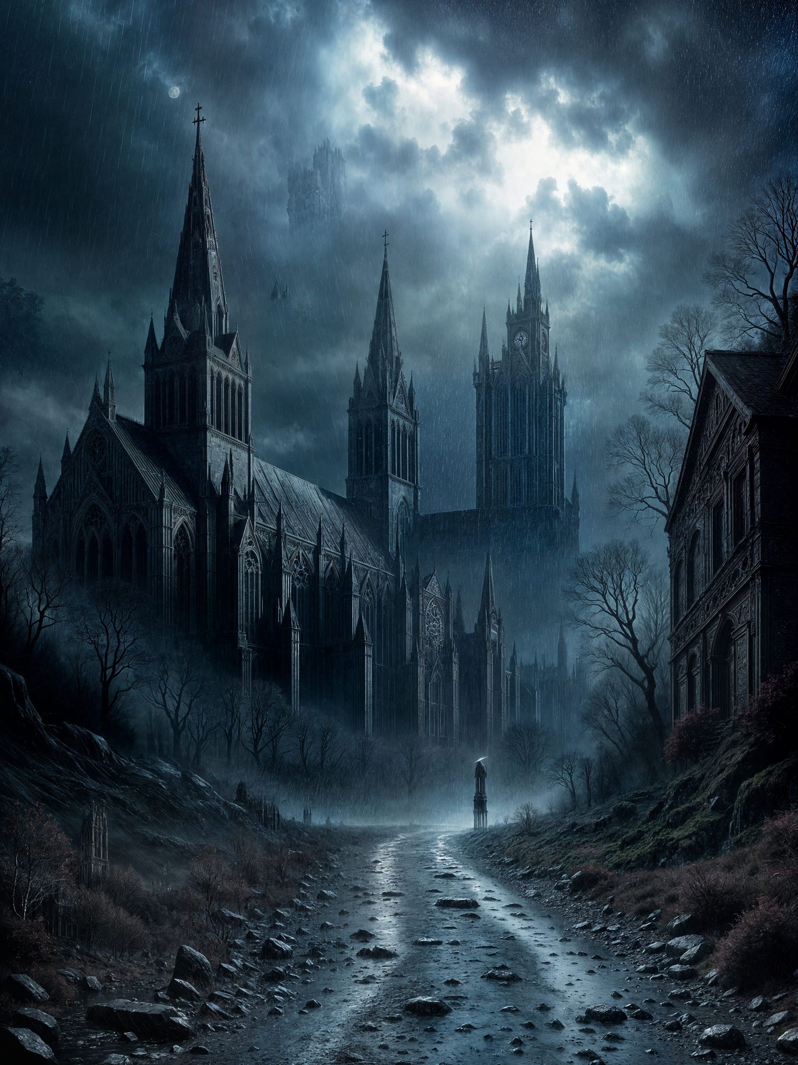 Dark Moorland Cathedral Ruins on a Rainy Night