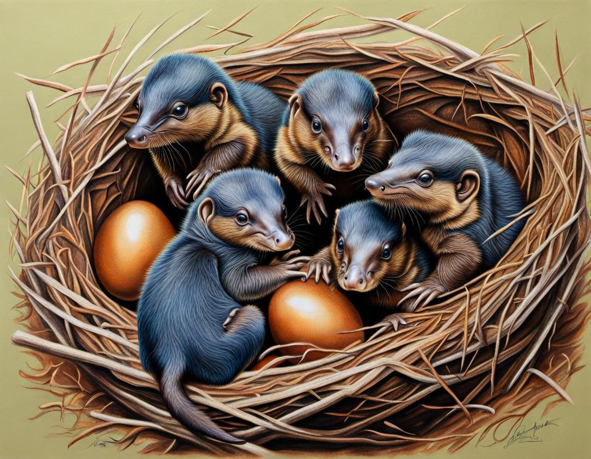 Baby Platypuses Hatching, in Colored Pencil Style