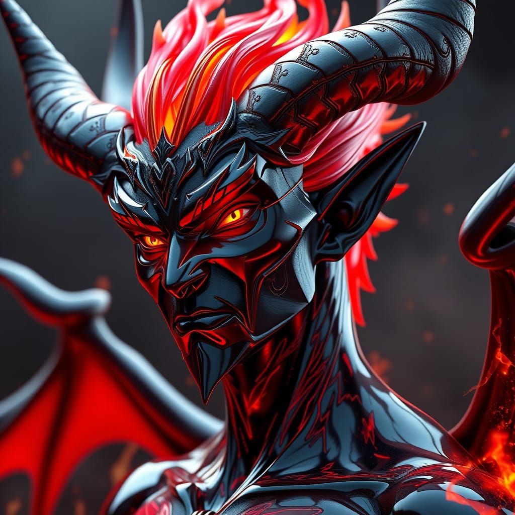 Molten Demon with Glossy Black Skin and Fiery Red Locks