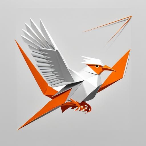 Digital art. Close up. White and orange origami bird on a white background. High contrast. Simple, bold lines. Vibrant o...