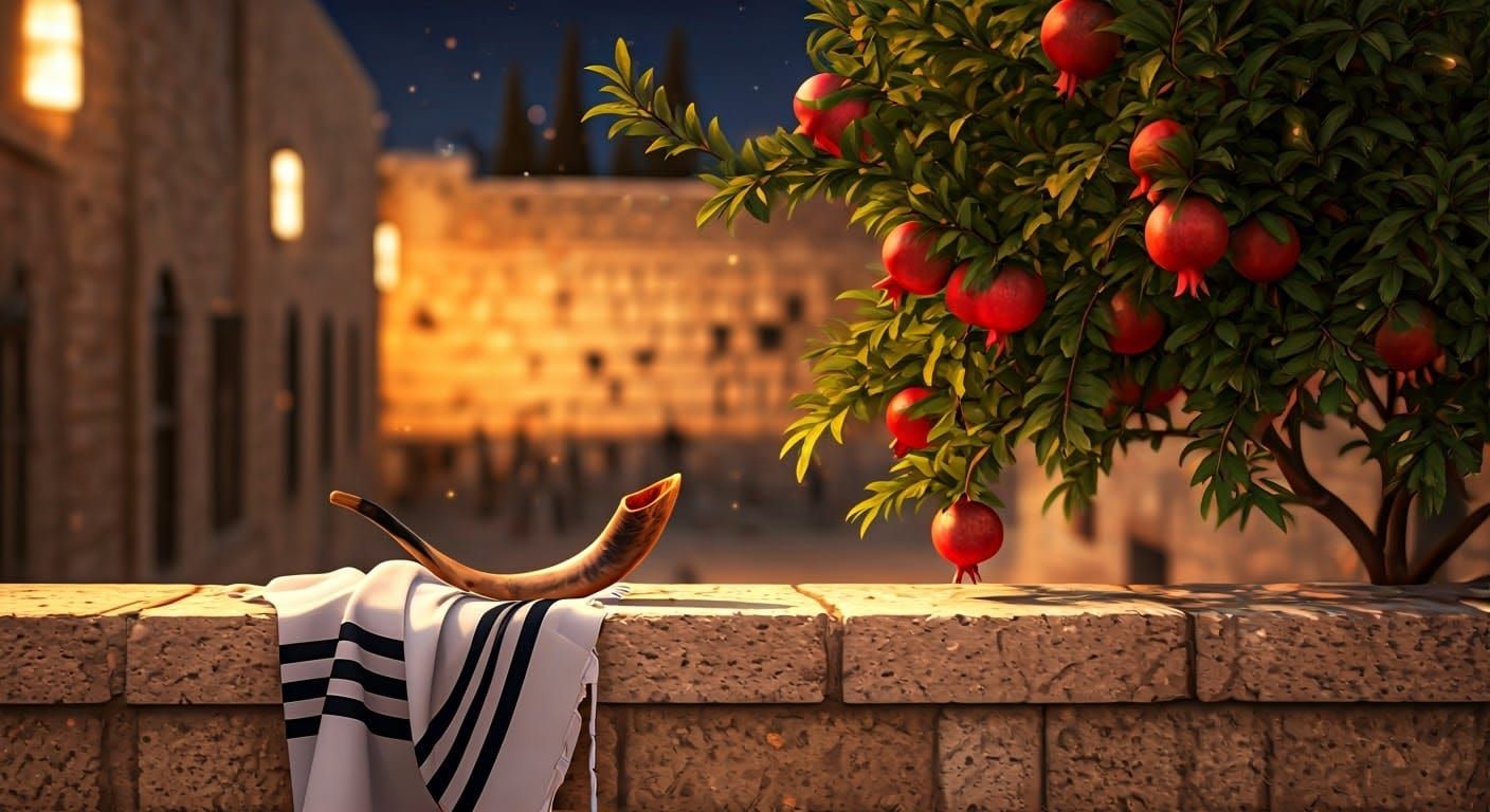 Shofar and Tallit on Ancient Jerusalem Stone Wall