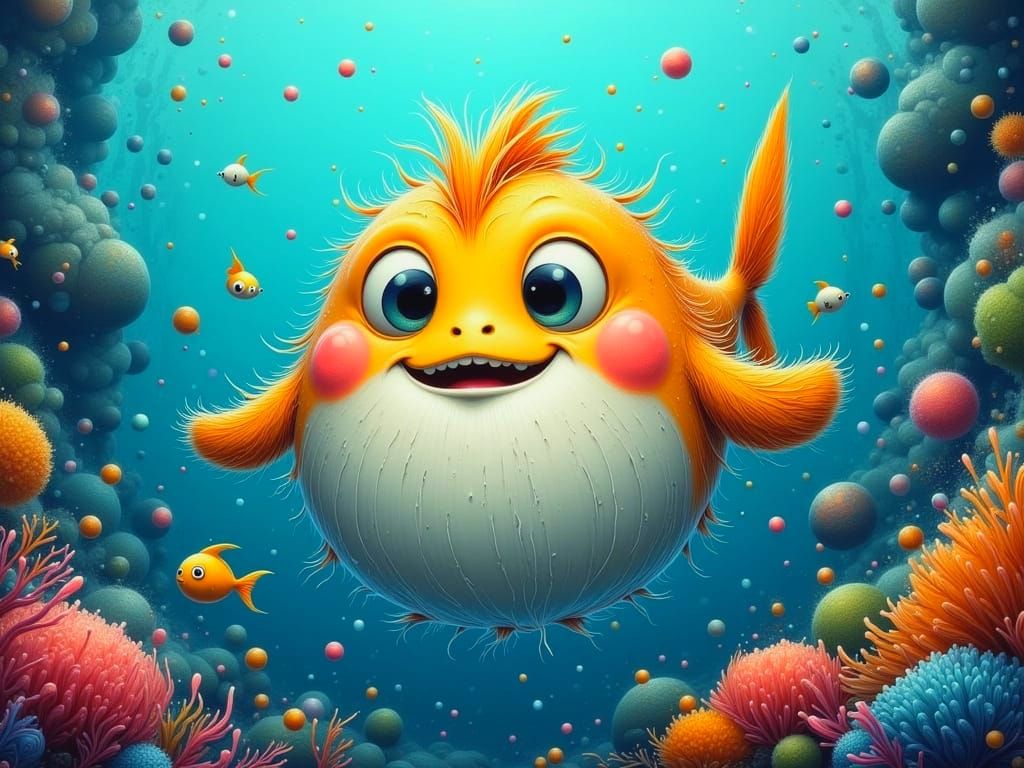 Vibrant Underwater Scene with Exaggerated Puffer Fish