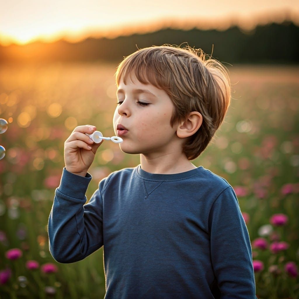 Boy with Soap Bubbles in Sunset Field