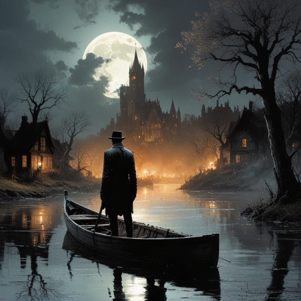 Sinister Shadow-Man on River in Gothic Landscape