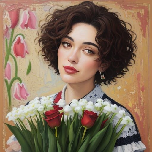 Neo-Impressionist Portrait with Flowers in Expressionist Sty...