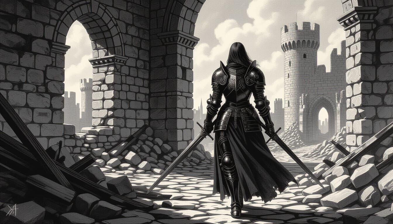 Knight in Castle Ruins, Charcoal Drawing Style
