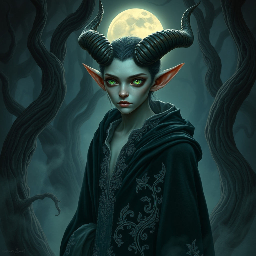 Ethereal Demon Elf in Mystical Moonlit Forest