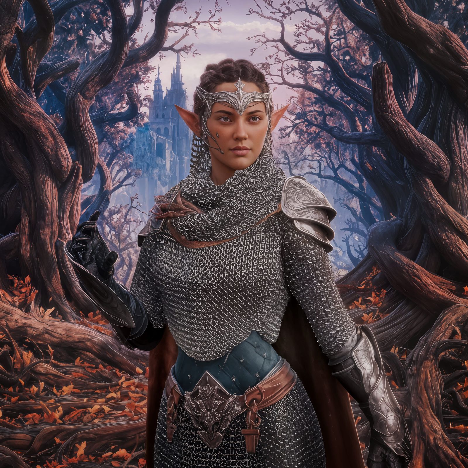 Female Elf Warrior in Forest, Matte Painting
