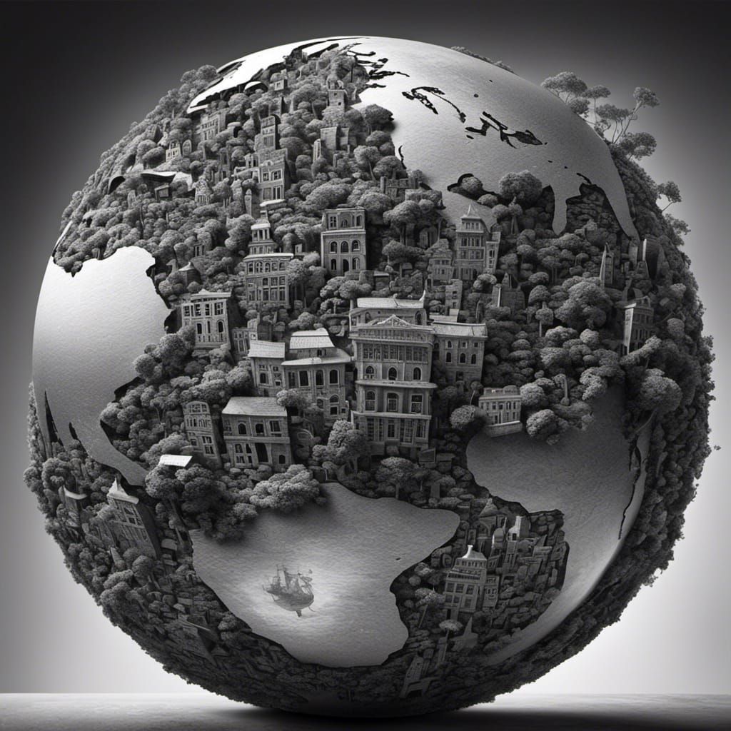Basketball and World Globe Blended in Black and White