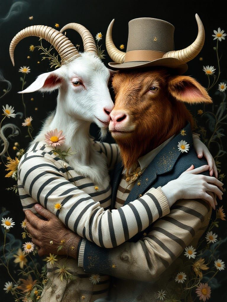 Surreal Whimsy Unfolds: Goat and Bull in Dreamlike Embrace