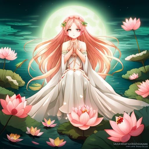 Anime Lotus Goddess with Silk Gown and Halo