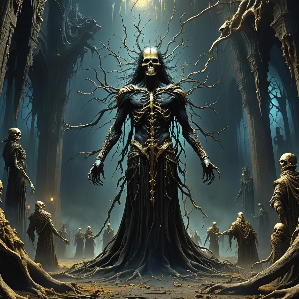 Macabre Dancers in Gothic Setting as Dark Surrealist Oil Pai...