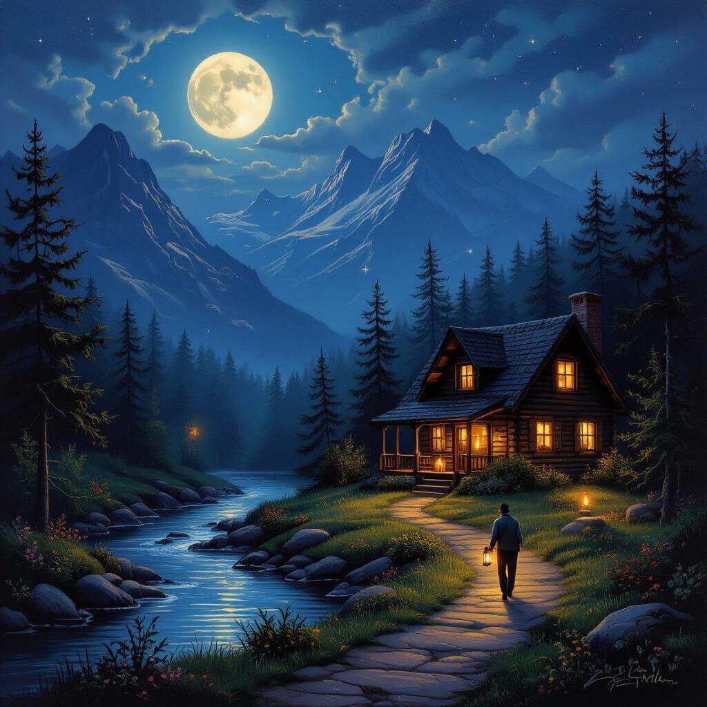 Cozy Cabin in Moonlit Valley Oil Painting
