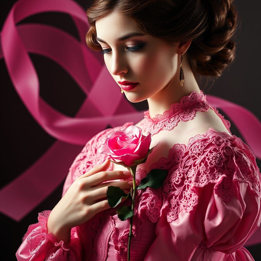 Victorian Woman with Rose and Pink Ribbon