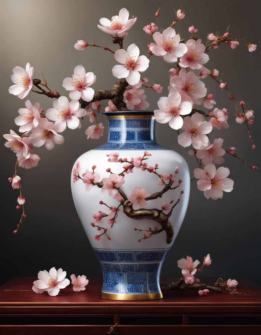 Ornate Chinese Vase with Cherry Blossom in Airbrush Art