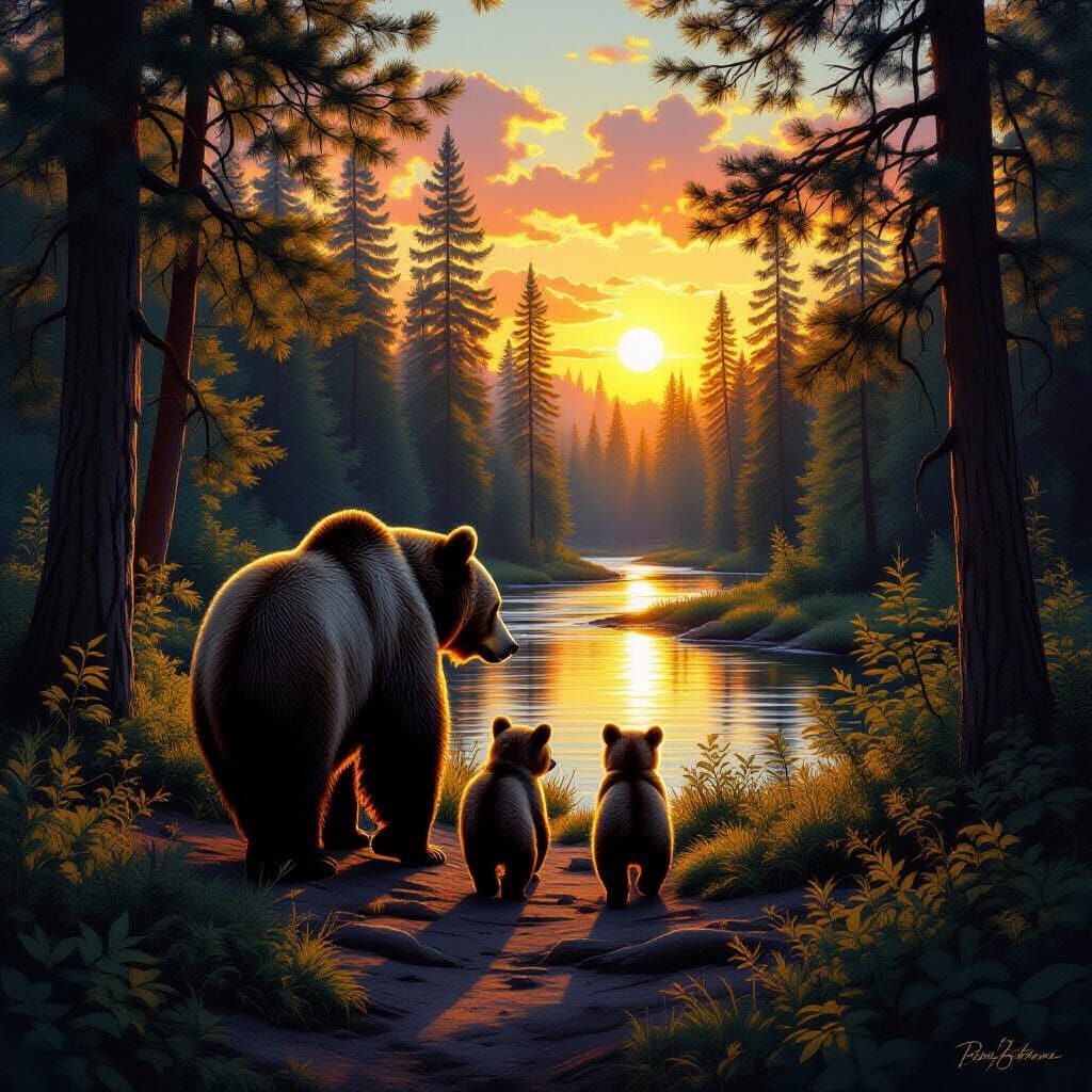 Mother Bear and Cubs in Golden Forest Light