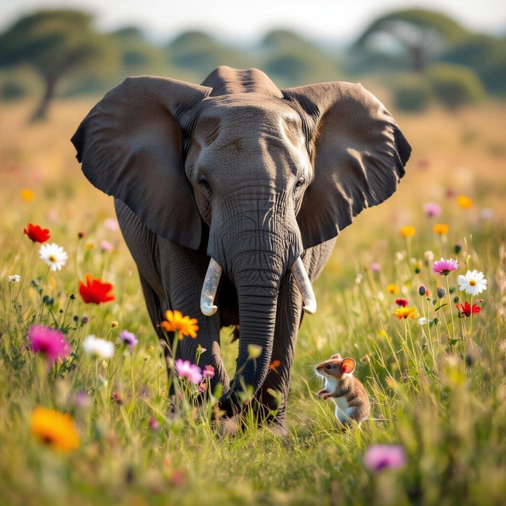 Elephant and Mouse Friends in a Beautiful Flower Field