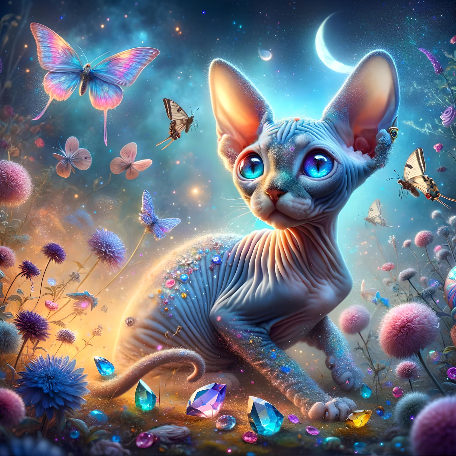 Enthusiastic Blue Sphynx Cat in Gem Meadow