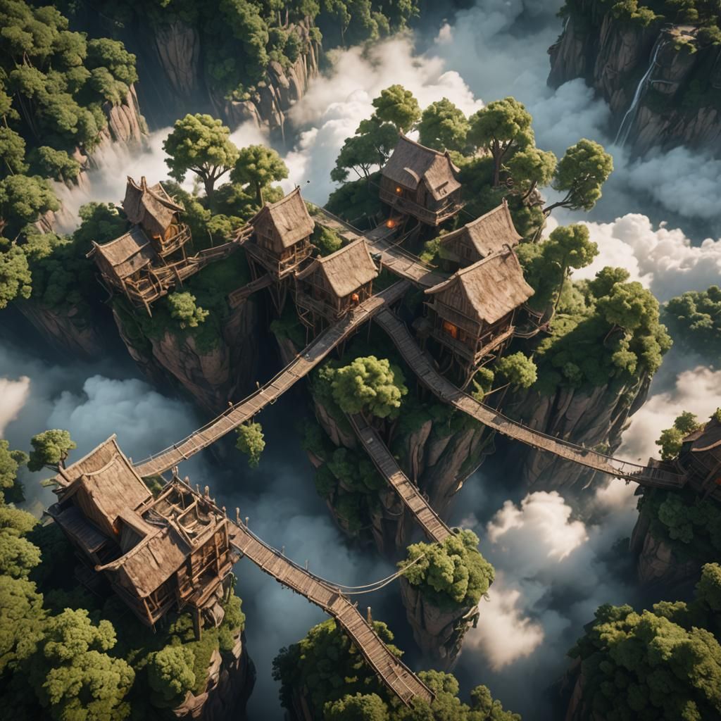 Treetop Village Above Clouds: 3D Game Cinematic