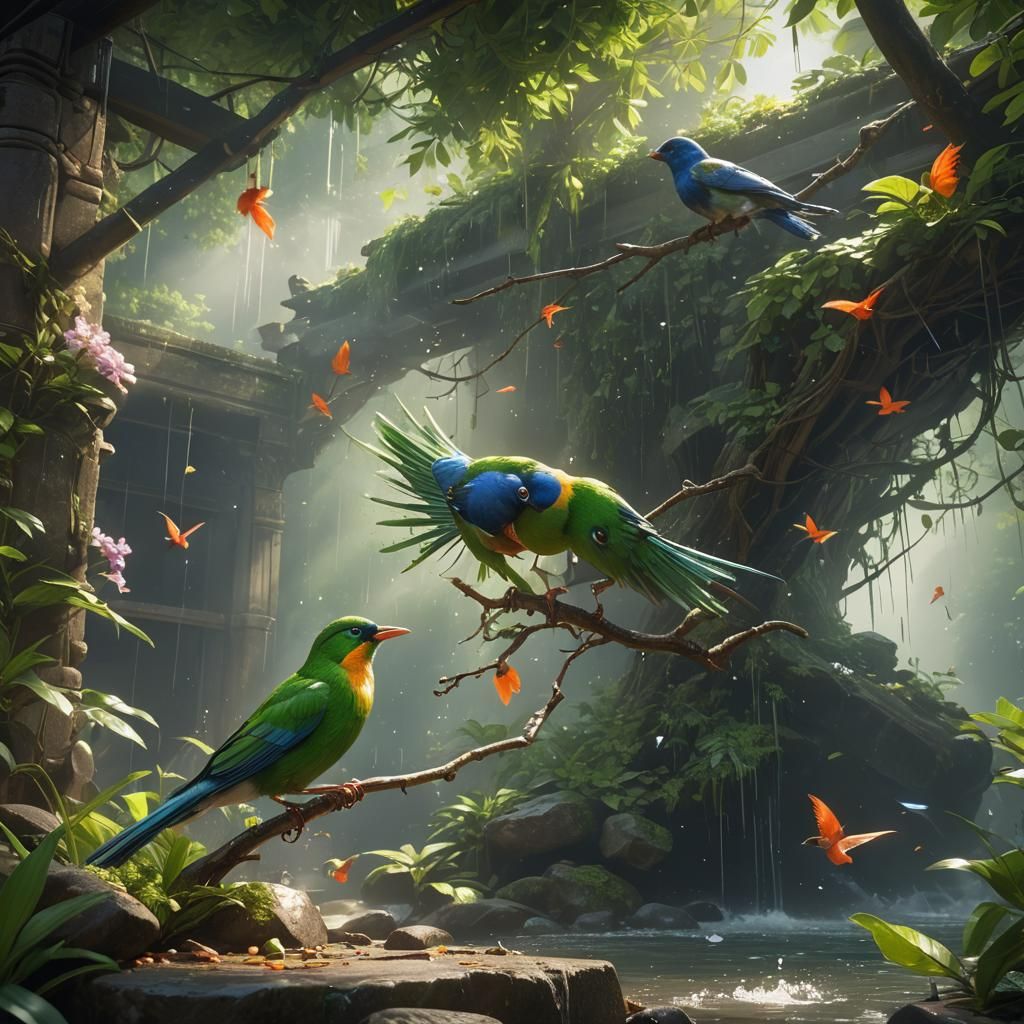 Hyperdetailed Green Bird Splash Art in Unreal Engine
