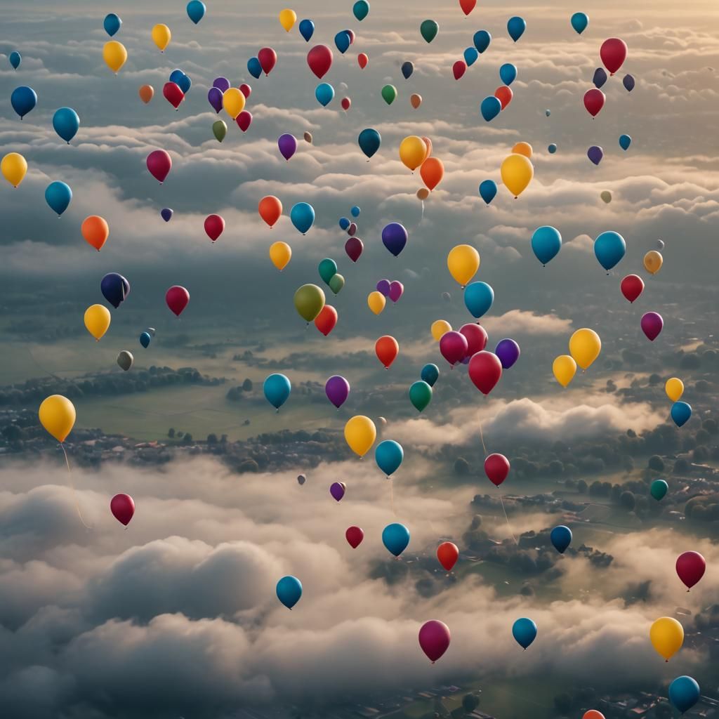 Colorful Balloons Float in Golden Hour Sky