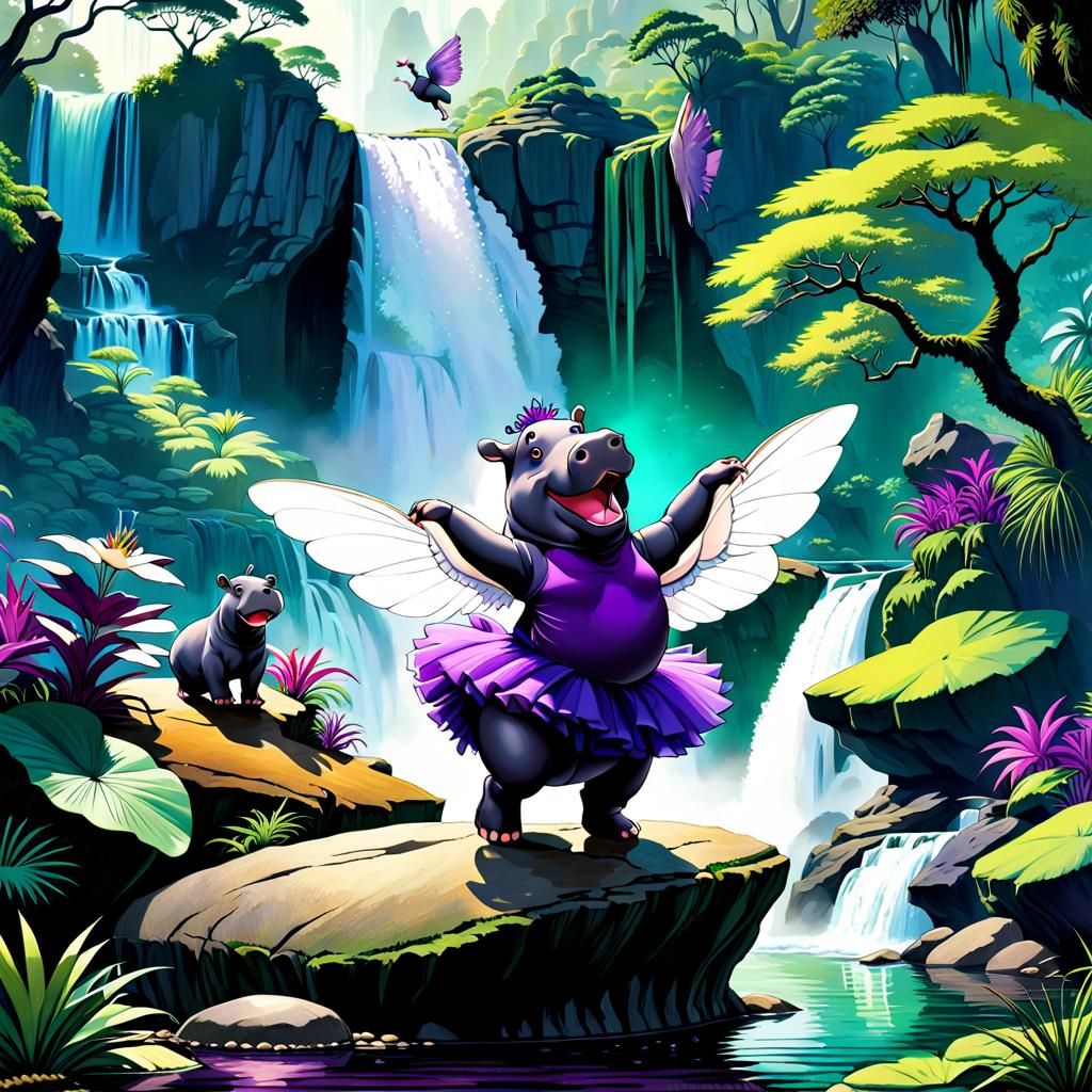Hippo Ballerina Dances in Jungle Fantasy