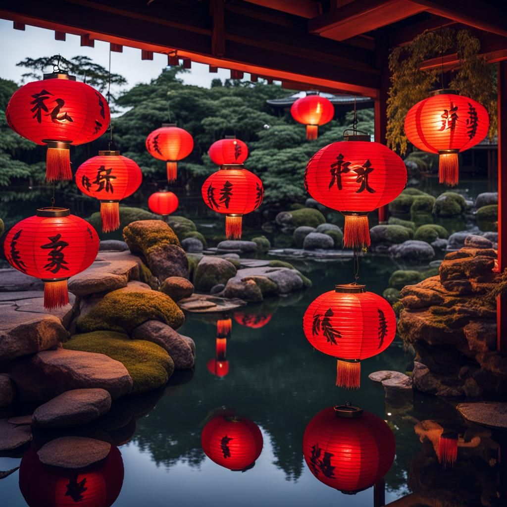Illuminated Japanese Lanterns Reflecting in Koi Pond