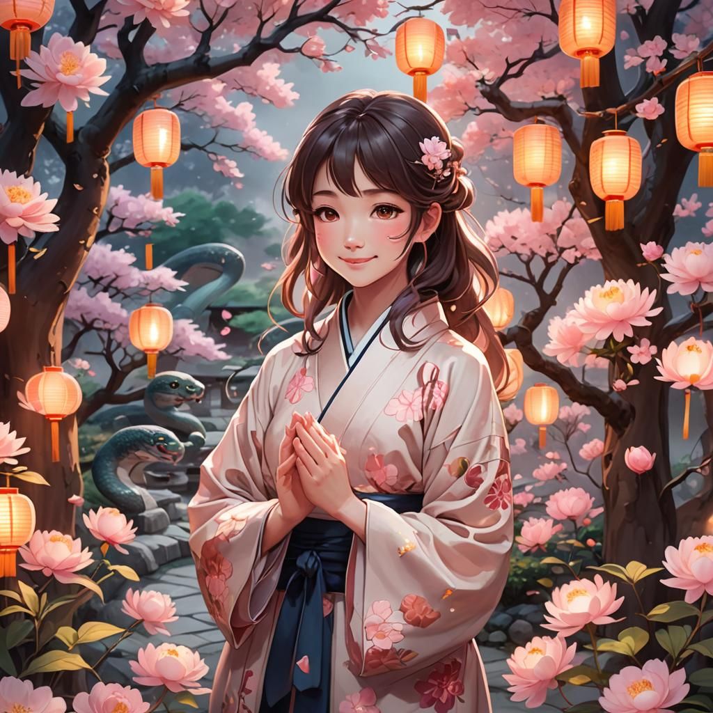 Anime Snake Girl Blessing in Japanese Garden