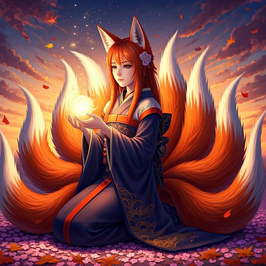 Foxgirl with Nine Flaming Tails Amidst Cherry Blossoms