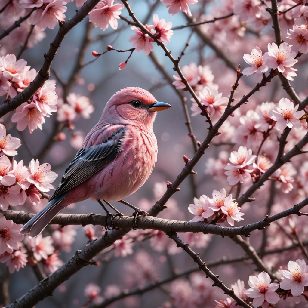 Pastel Pink Bird on Sakura Tree Illustration