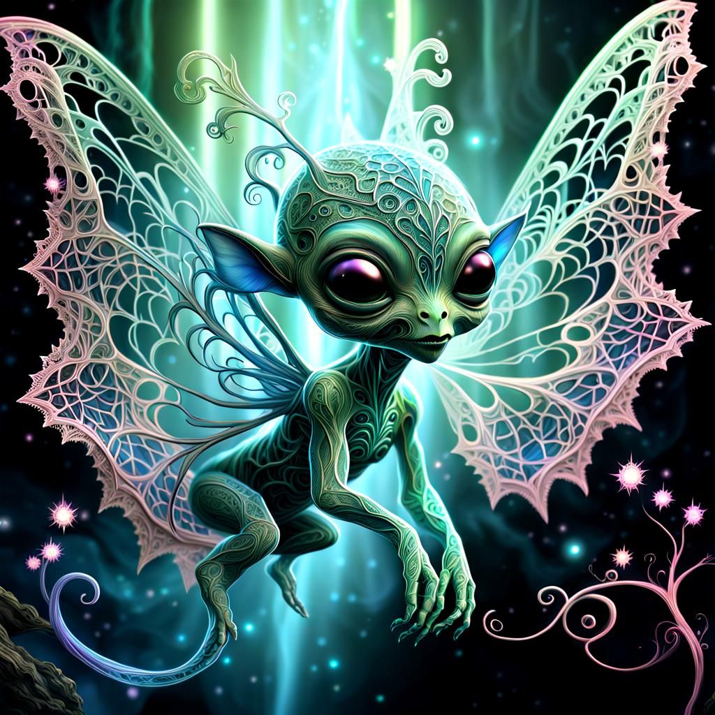 Lace-Winged Alien Baby in Fractal Stardust Home