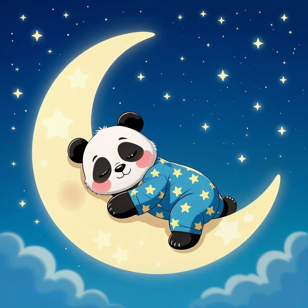 Cute Panda Sleeps on Moon in Starry Night Sky