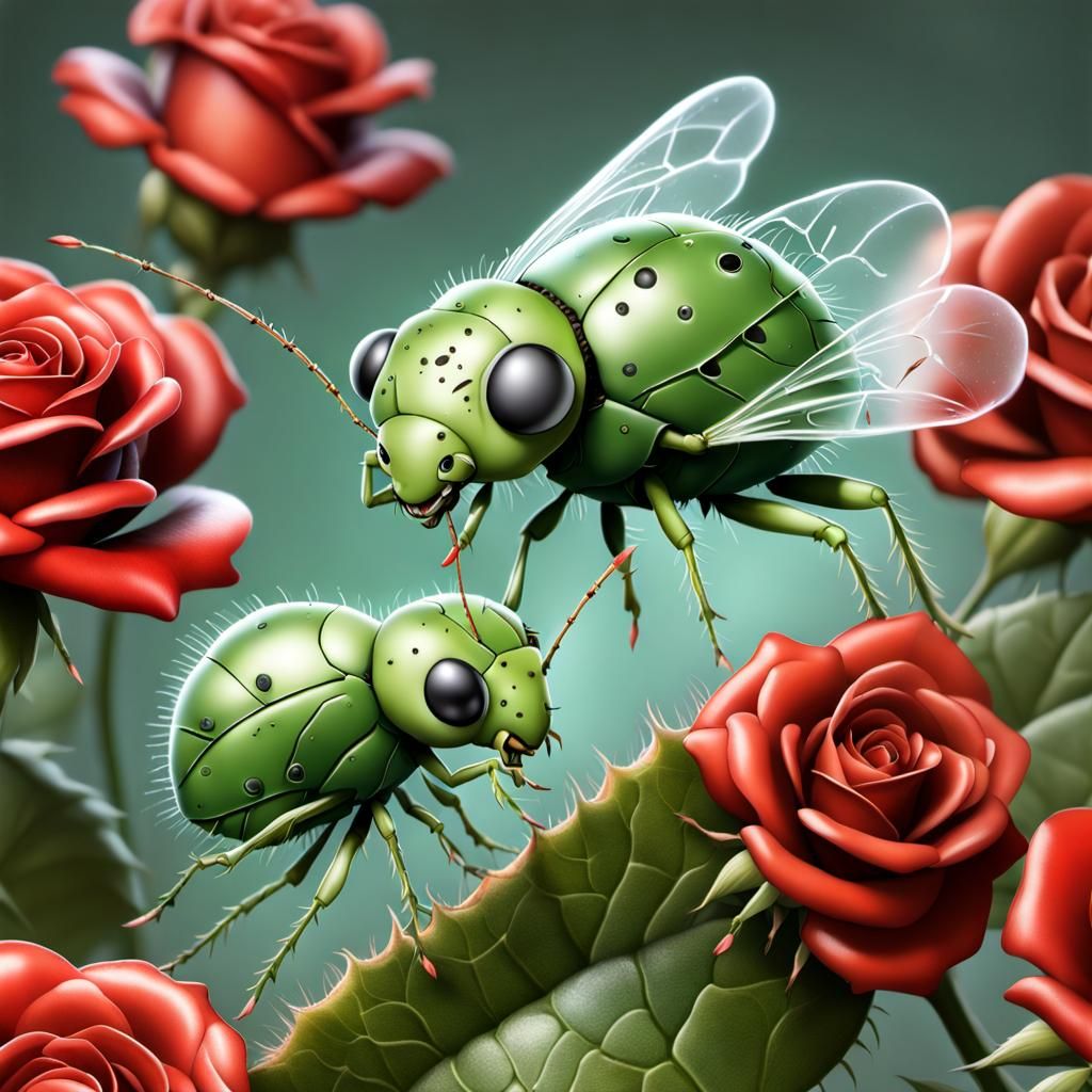 Aphids Playing on Roses: Detailed Airbrush Art