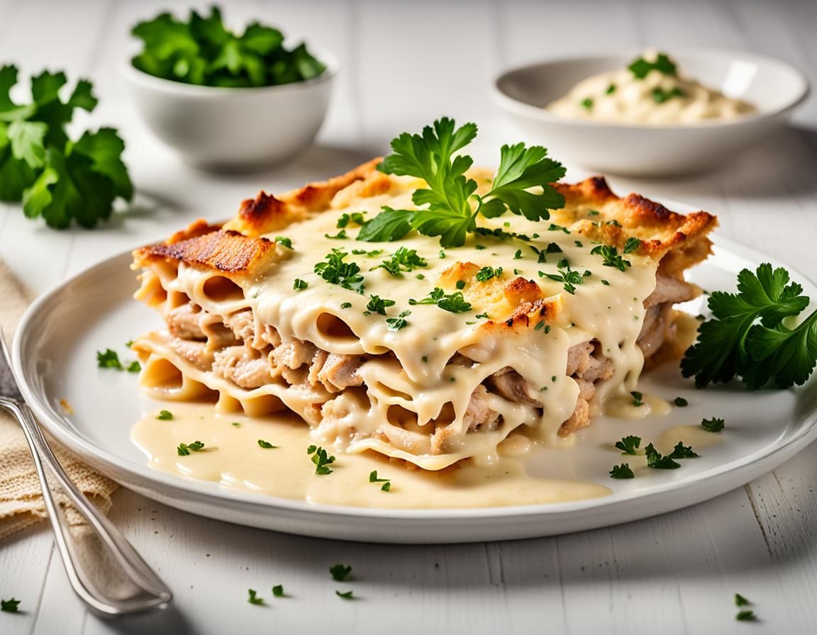 Macro Food Photo of Chicken Alfredo Lasagna