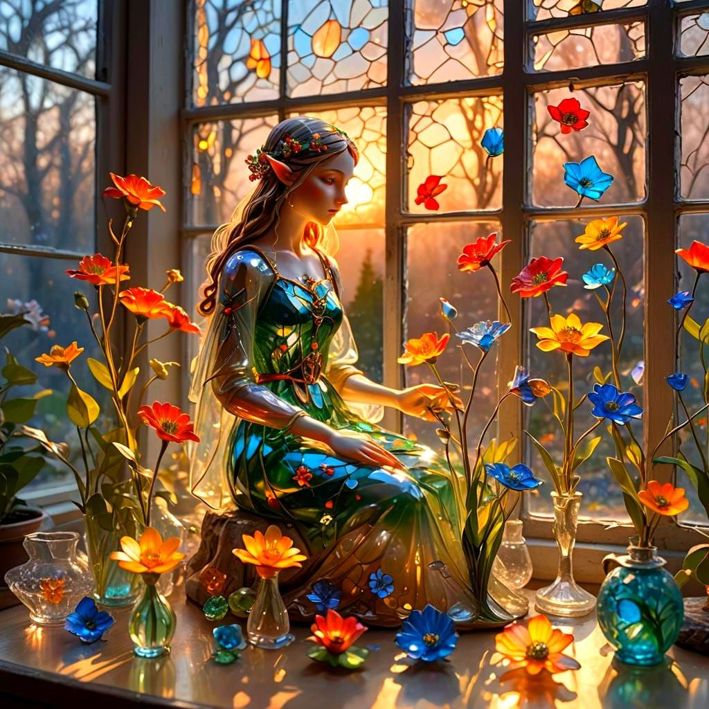 Enamel Painted Glass Flowers with Elf Figurine