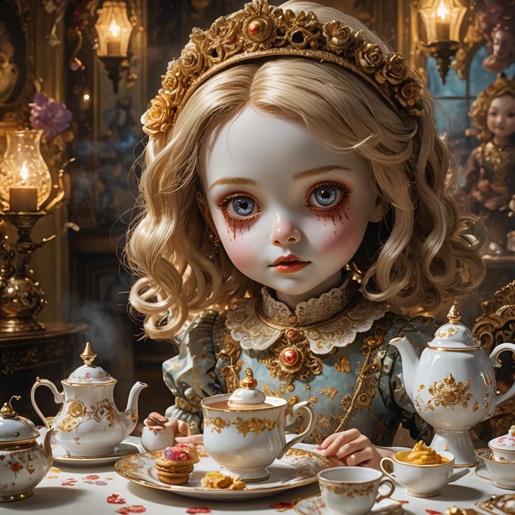 Eerie Tea Party: Hyperrealistic Splash Art of Innocence