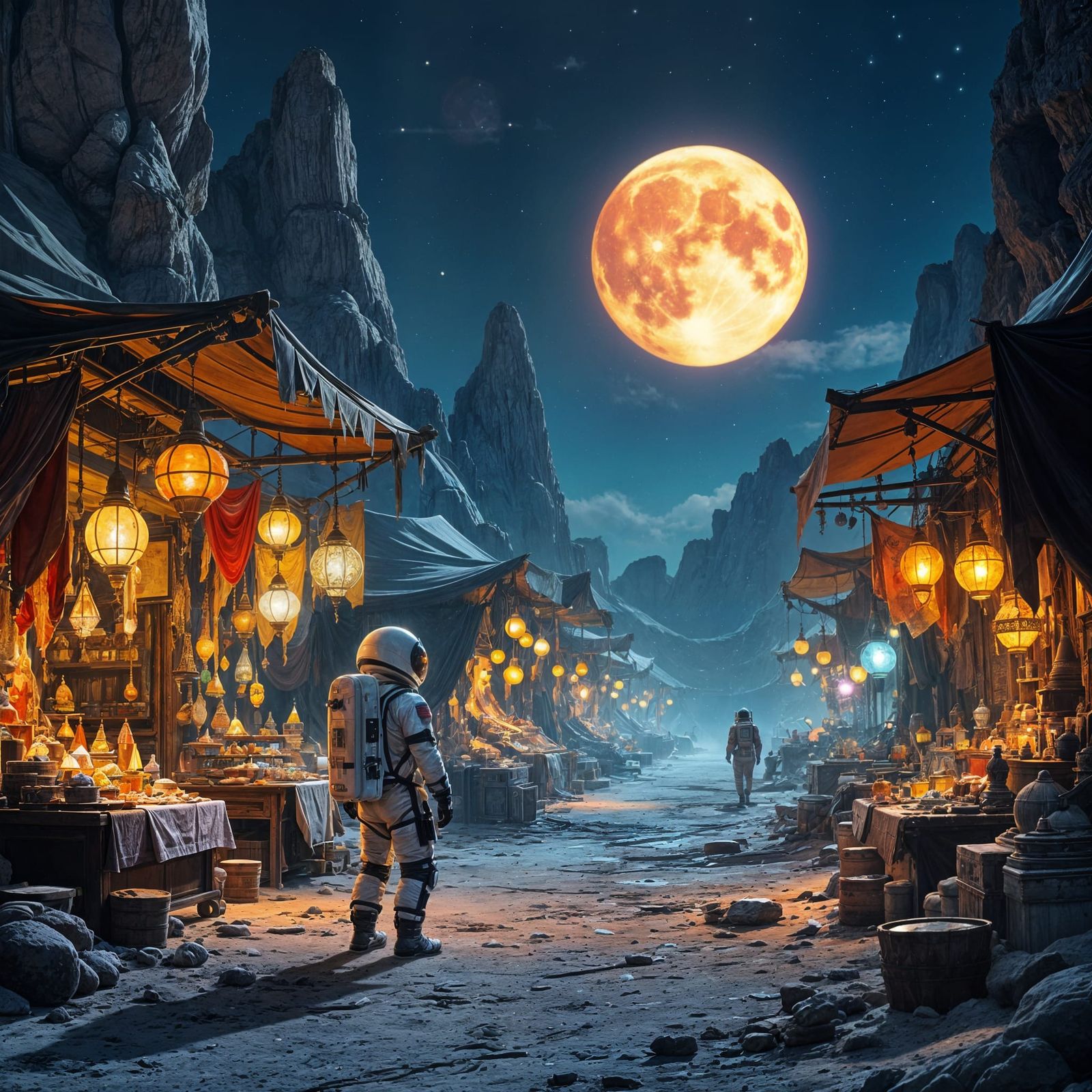Astronaut Finds Alien Bazaar on Moon During Binary Sunset