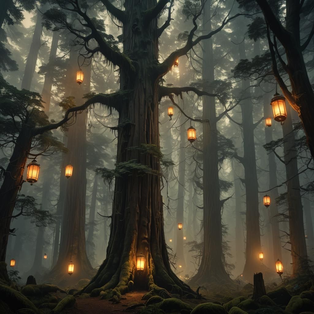 Mystic Redwood Forest in Dark Fantasy Style