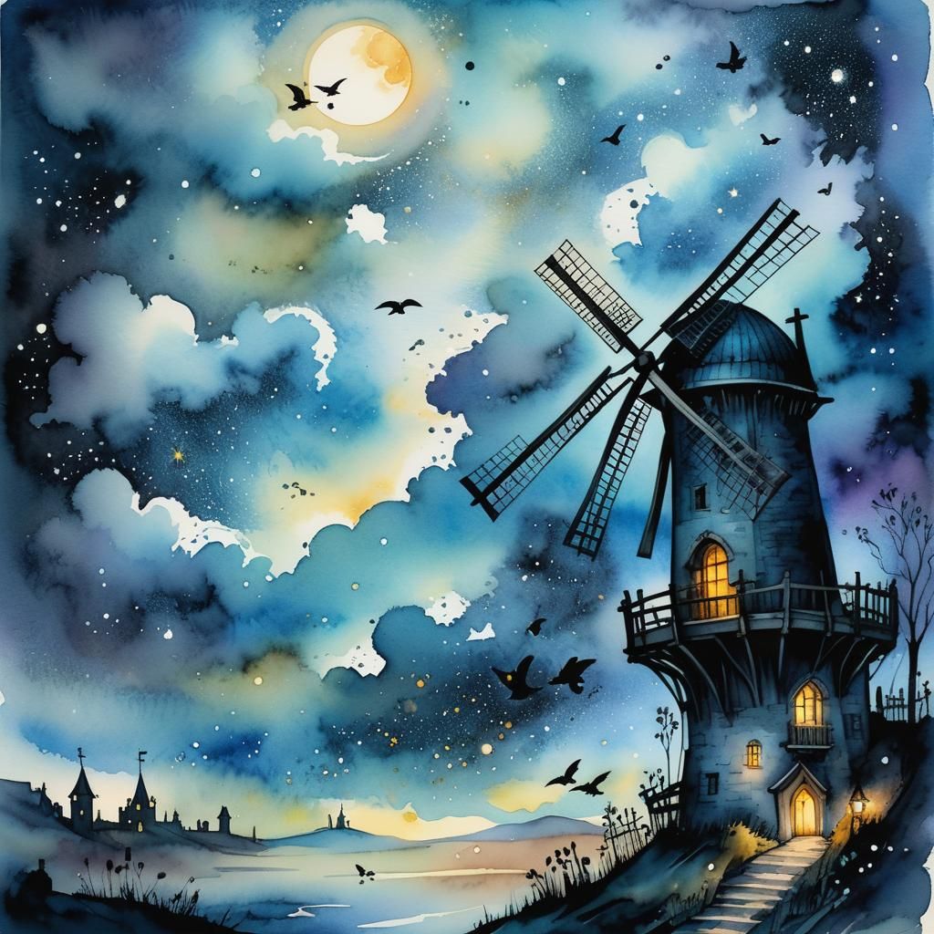 Gothic Fantasy Windmills in Watercolor and Ink