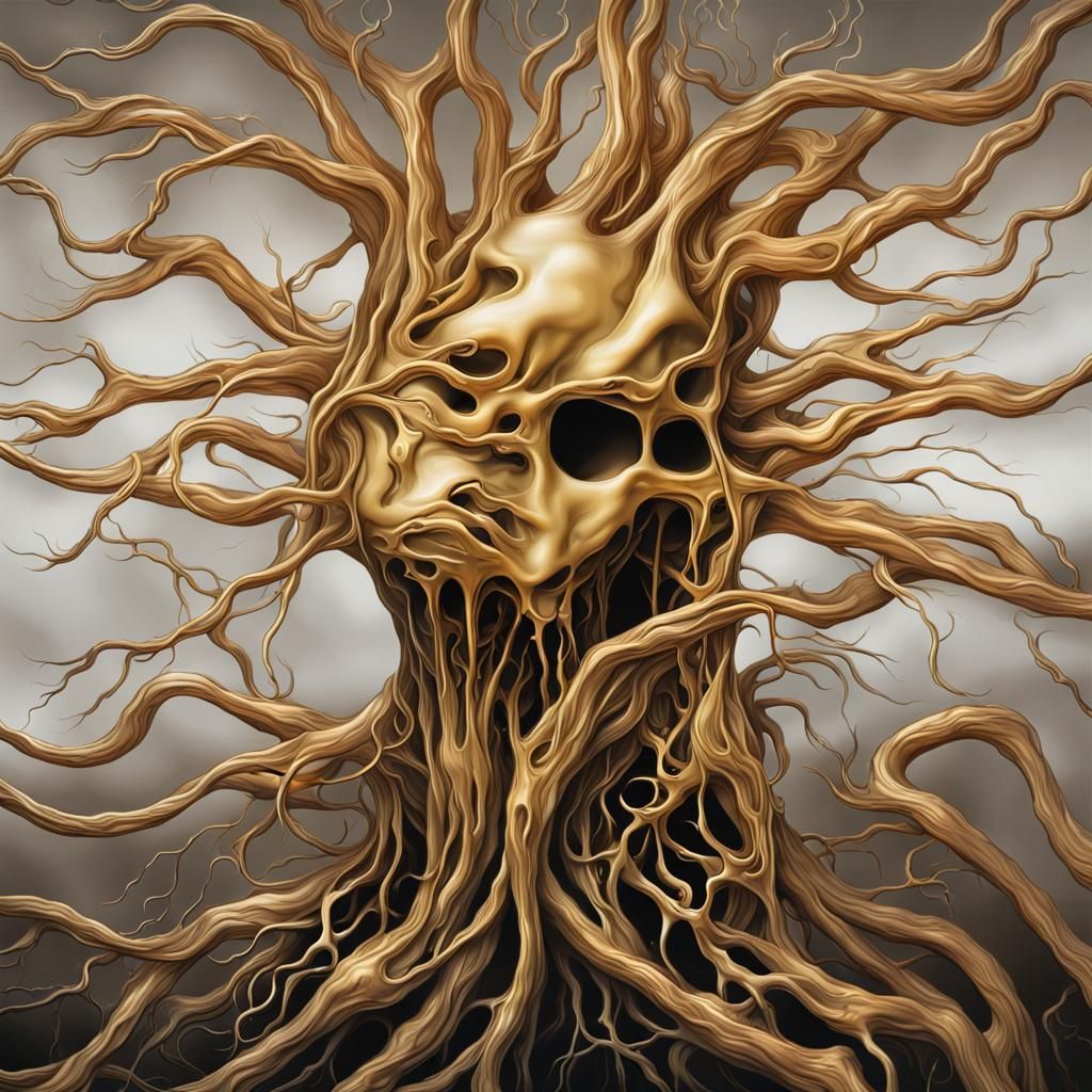 Biomechanical Surrealism: Golden Hands Entwined with Roots