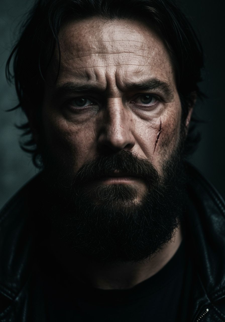 Worn Male Face with Scars in Noir Style